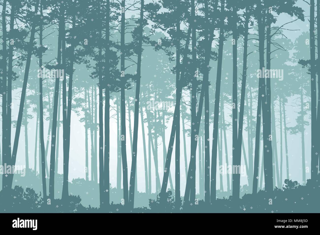 Vector illustration of a coniferous forest in winter with falling snow ...