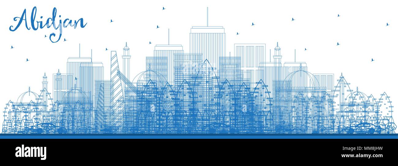 Outline Abidjan City Skyline with Blue Buildings. Vector Illustration. Business Travel and Tourism Concept with Modern Architecture. Abidjan Cityscape Stock Vector