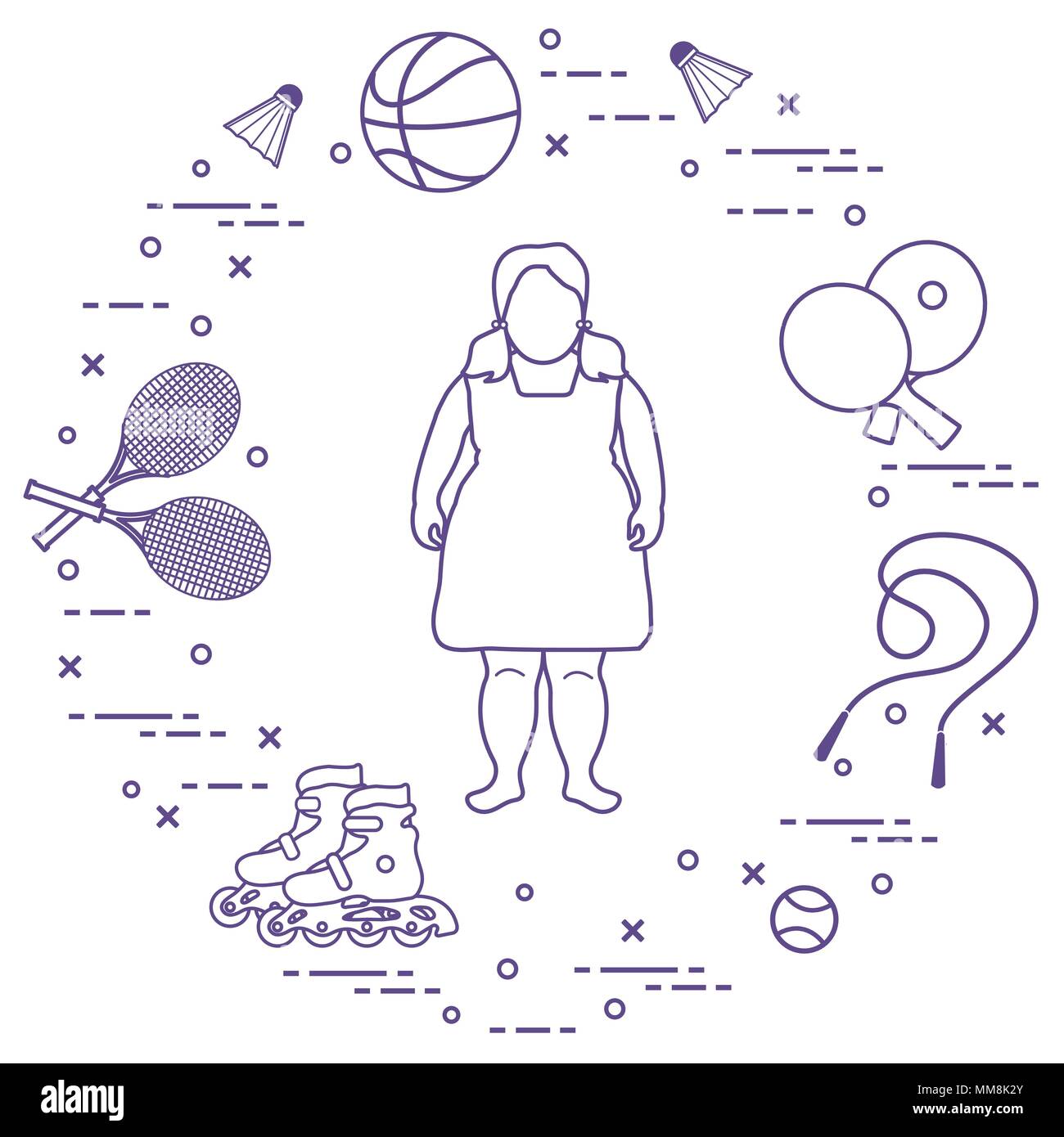 Fat girl, badminton rackets and shuttlecocks, tennis and basketball balls, rackets and balls for table tennis, jumping-rope, rollers. Sports and healt Stock Vector