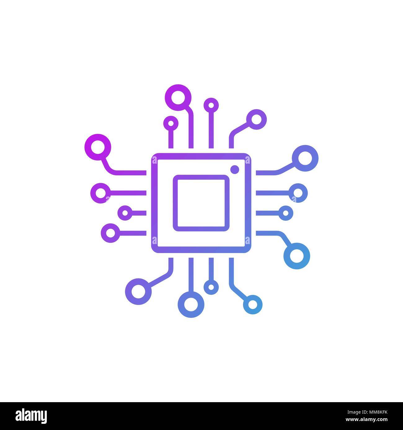 Microchip line icon. CPU, Central processing unit, computer processor, chip symbol in circle. Abstract technology logo. Simple round icon isolated on  Stock Vector