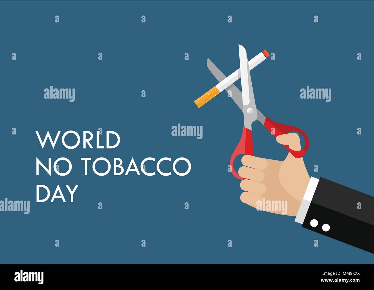 Tobacco abuse concept poster. Hands holding scissors cut a cigarettes Stock Vector
