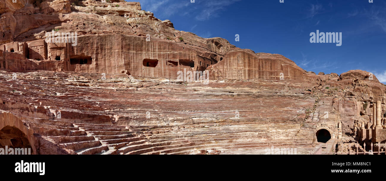 High-resolution panorama from the Nabataean amphitheatre in the rock town and necropolis of Petra, Jordan, middle east Stock Photo