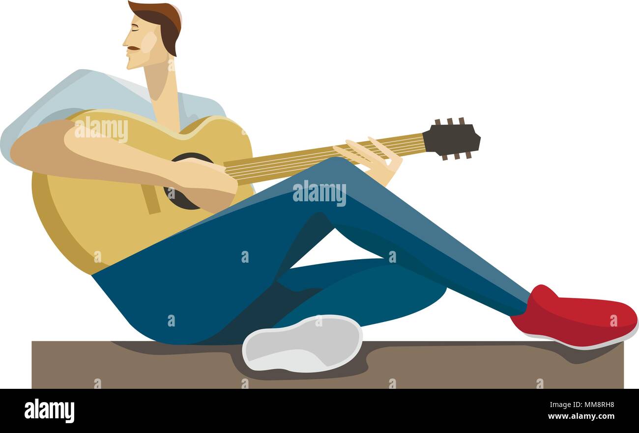 Caucasian musician sitting with the guitar in hands. Hipster man playing the acoustic guitar. Stock Vector