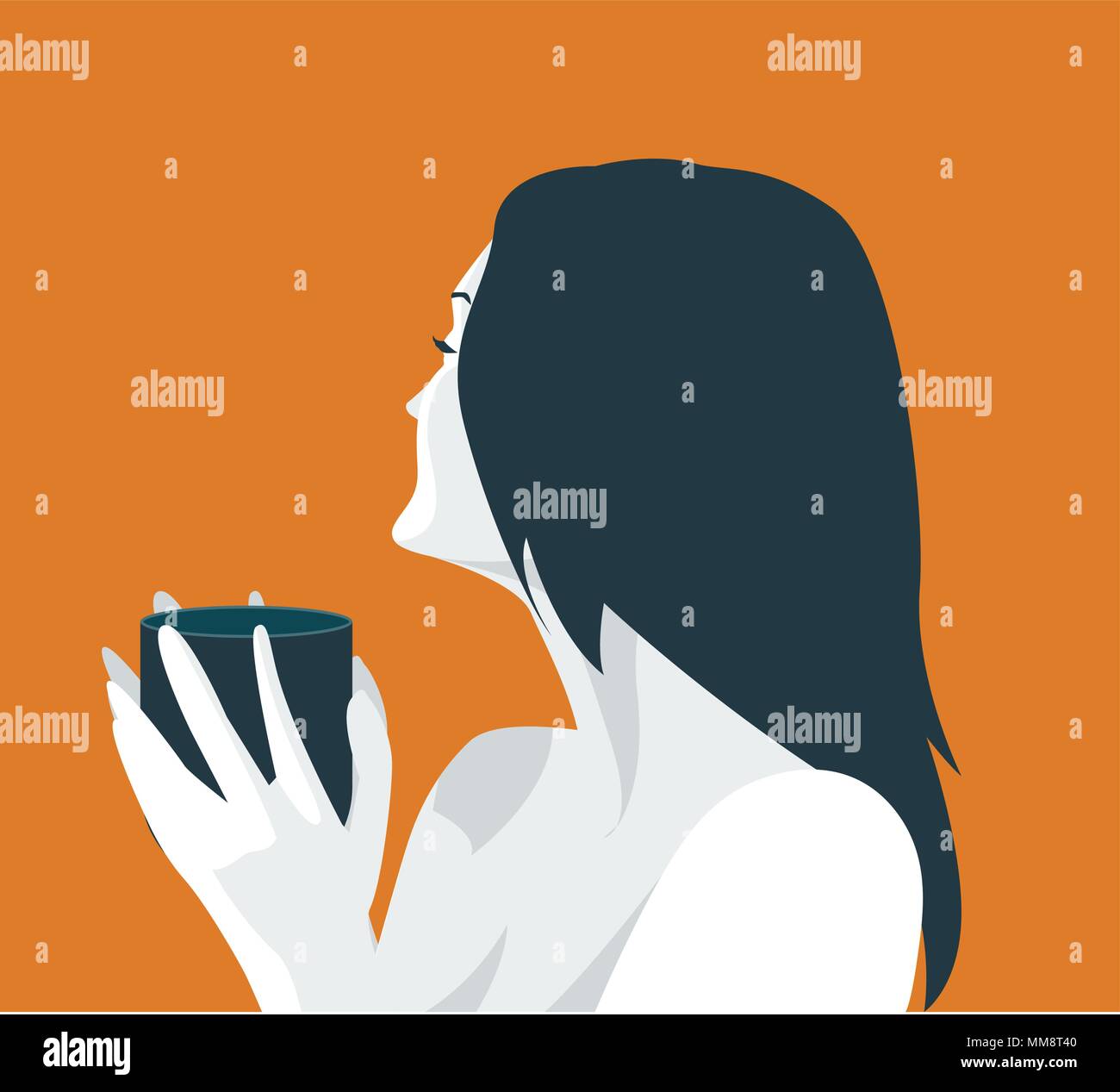 Portrait Of Beautiful Woman Holding Cup With Hot Beverage Vector ...