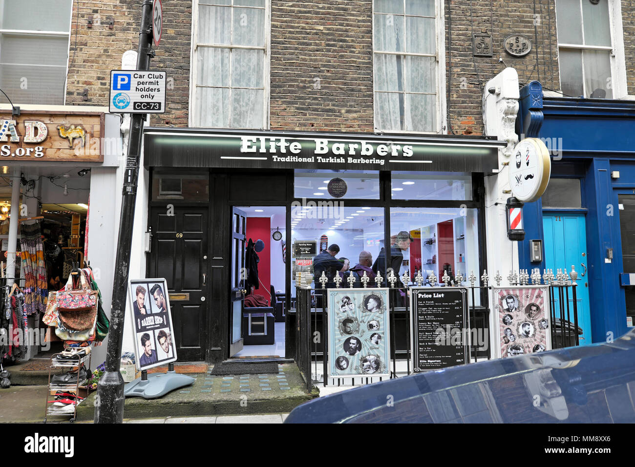 Elite Barbers exterior view of traditional Turkish Barber shop on Marchmont Street in London WC1 England UK Great Britain KATHY DEWITT Stock Photo