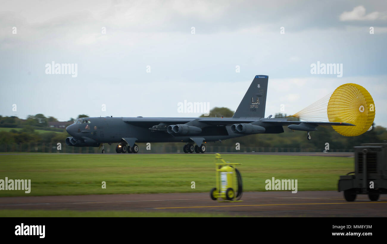 A B-52 Stratofortress lands on the runway at Fairford Royal Air Force Base, U.K., Sept. 14, 2017. The deployment of strategic bombers to the U.K. helps exercise RAF Fairford and U.S. Air forces in Europe’s forward operating location for bombers. The B-52 is scheduled to conduct theater integration, flying training, and joint and allied training to improve bomber interoperability. Allied training will also include participation in exercise SERPENTEX, a French Air Command-led exercise that will focus on training aircrew and JTACs in their Air Land integration mission. (U.S. Air Force photo/Staff Stock Photo