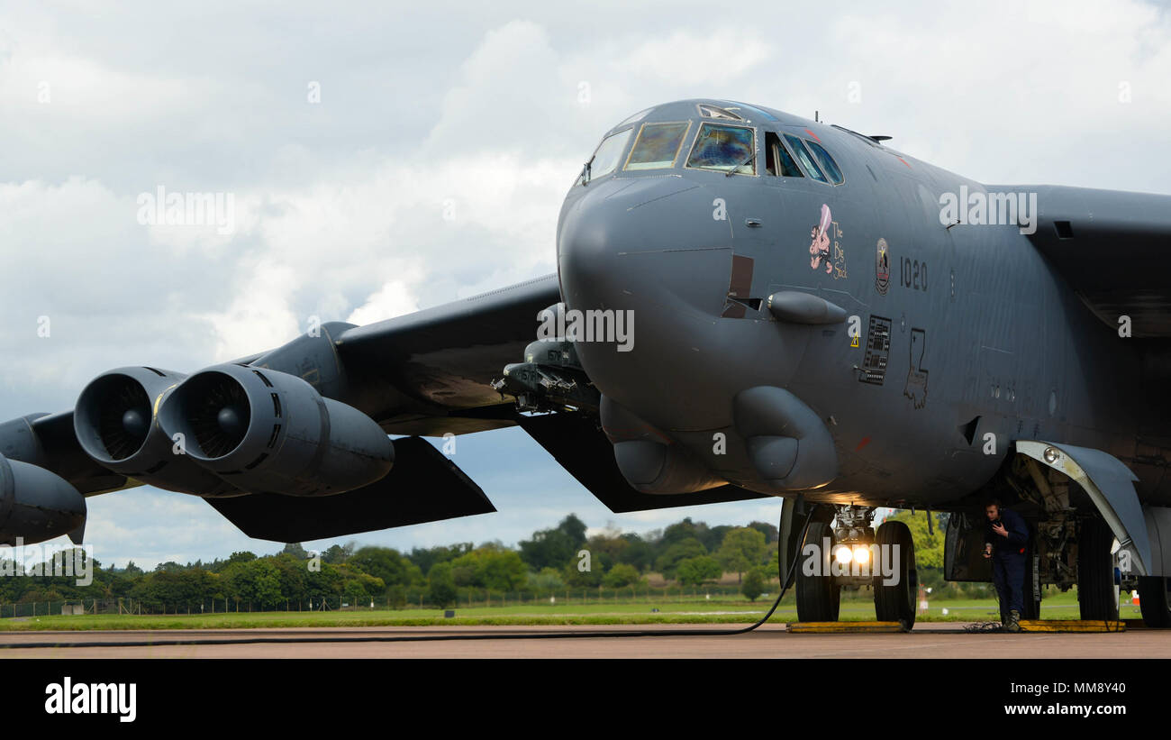 A B-52 Stratofortress arrives at Fairford Royal Air Force Base, U.K., Sept. 14, 2017. The deployment of strategic bombers to the U.K. helps exercise RAF Fairford and U.S. Air forces in Europe’s forward operating location for bombers. The B-52 is scheduled to conduct theater integration, flying training, and joint and allied training to improve bomber interoperability. Allied training will also include participation in exercise SERPENTEX, a French Air Command-led exercise that will focus on training aircrew and JTACs in their Air Land integration mission. (U.S. Air Force photo/Staff Sgt. Benjam Stock Photo