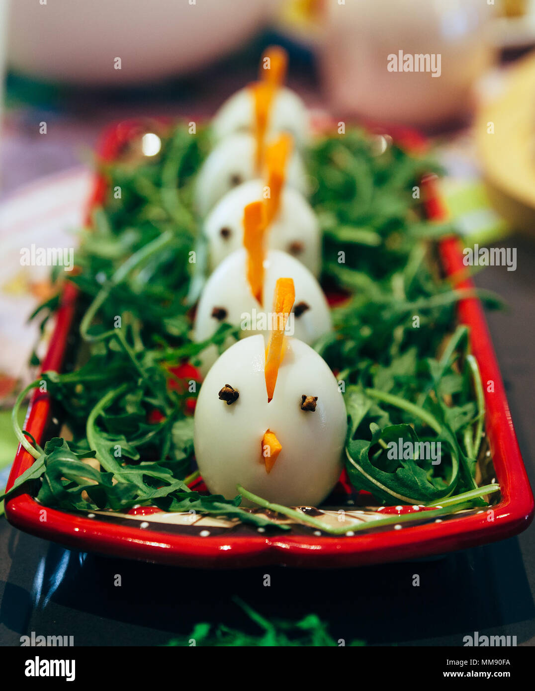 Hard boiled decorated eggs Stock Photo