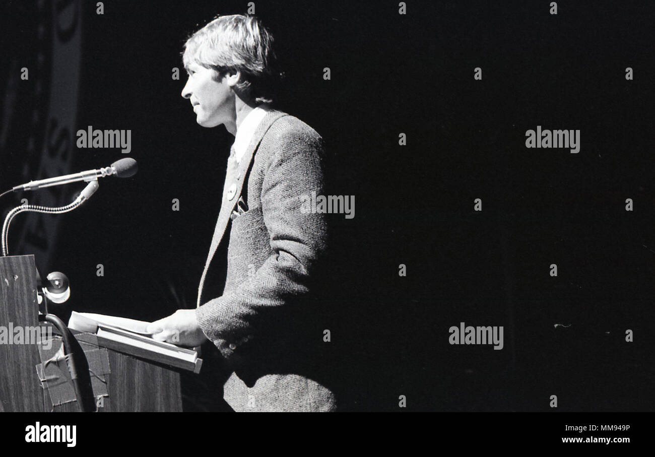 Black and white photo of a man speaking from a podium Stock Photo - Alamy