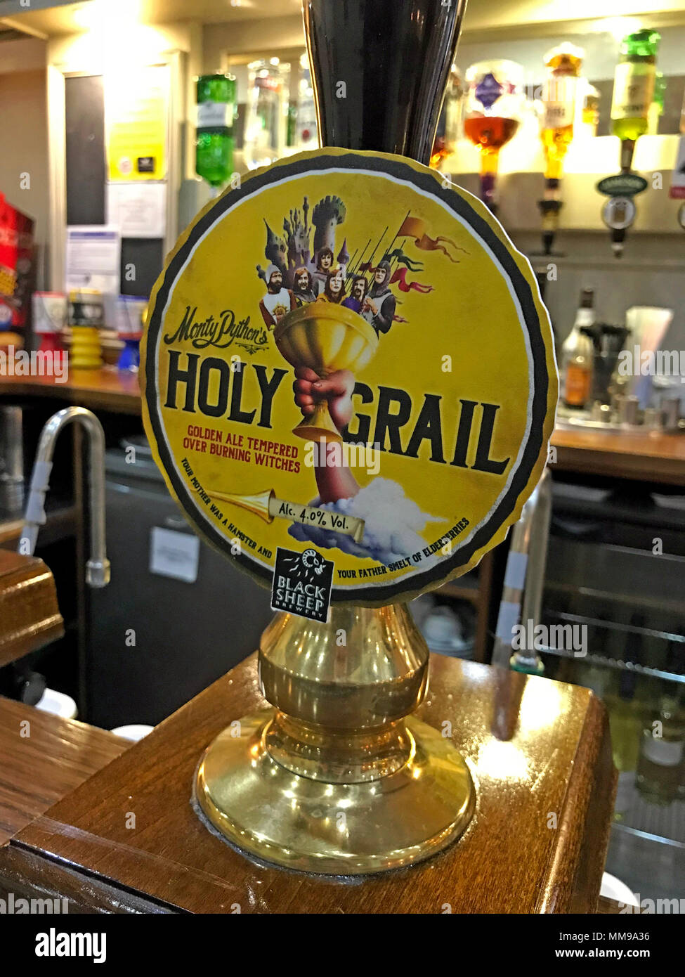 Black Sheep Holy Grail bitter beer CAMRA, pump on a bar, England Stock Photo