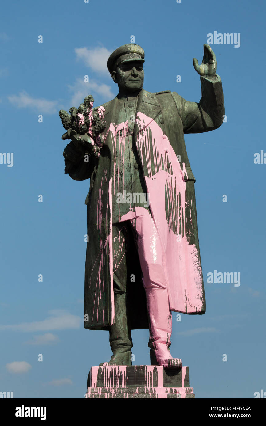 Monument to Soviet military commander Ivan Konev vandalized with pink paint in Prague, Czech Republic, on 8 May 2018. Bronze statue by Czech sculptor Zdeněk Krybus was unveiled in 1980 in Dejvice district to commemorate the liberation of Prague by the 1st Ukrainian Front of the Red Army under command of Ivan Konev in May 1945 in the last days of World War II. Stock Photo