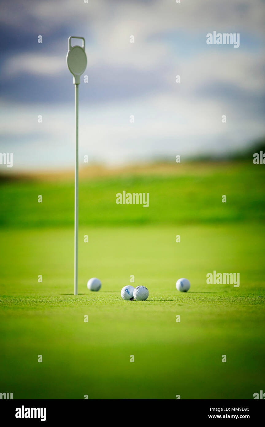 Golf balls collect around a pin on a practice putting green Stock Photo