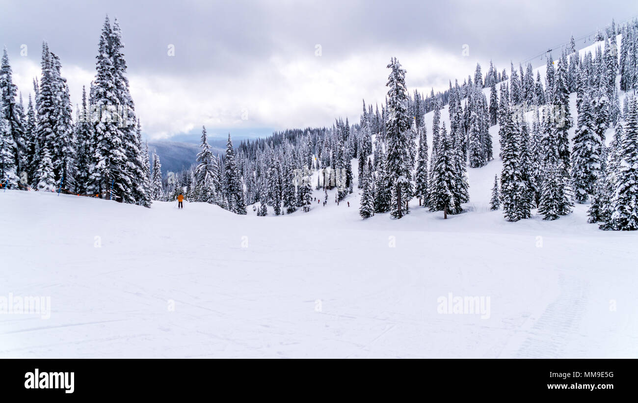 A beautiful scenery of the winter landscape of the famous Sun Peaks ski resort in British Columbia, Canada Stock Photo