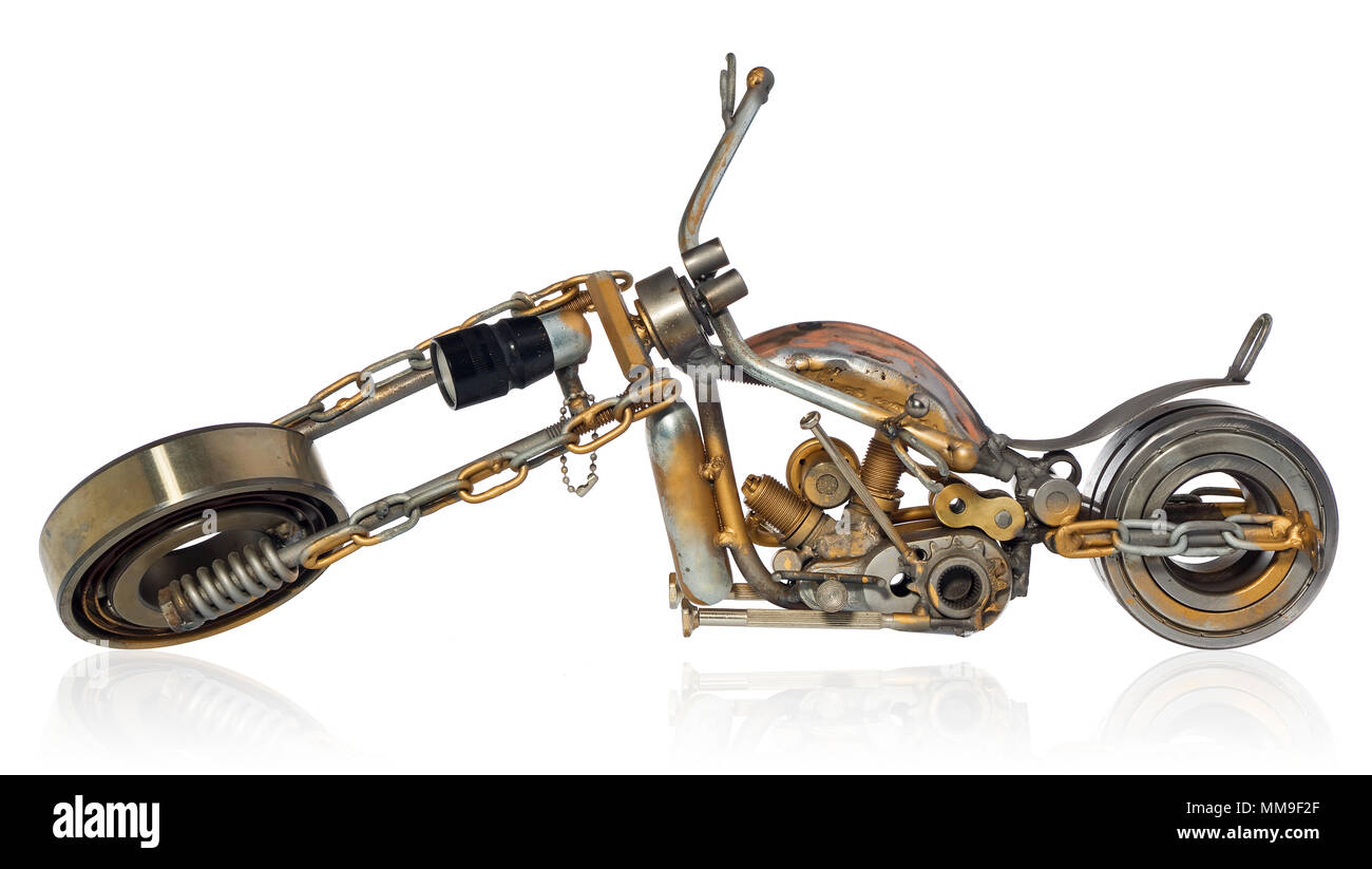 Handmade Motorcycle, Chopper, Cruiser Made Of Metal Parts, Bearings,  Screwdrivers, Motor Candles, Wires, Chains. A Motorbike Model Isolated On A  White Stock Photo - Alamy