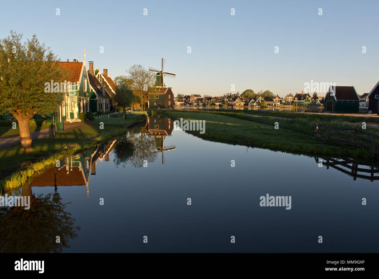 View of Zaanse Schans and Zaandijk at sunrise, The Netherlands Stock Photo