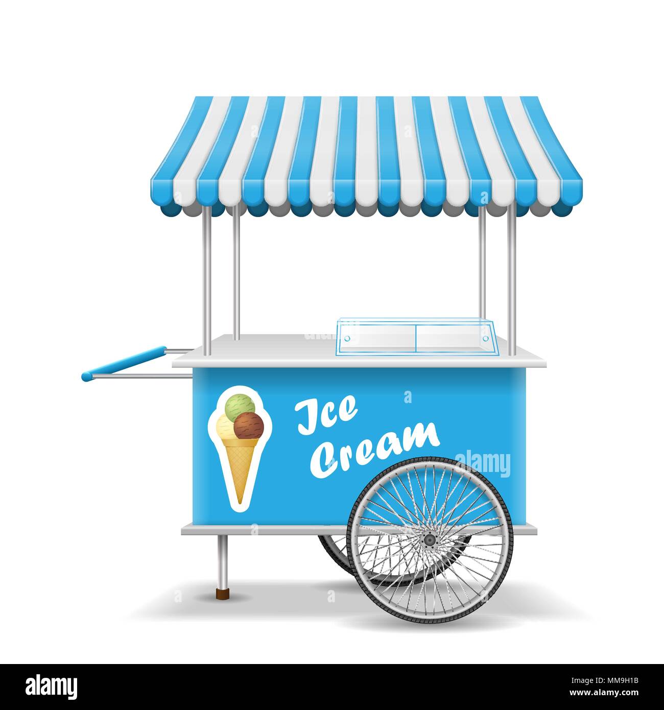 Realistic street food cart with wheels. Mobile blue ice cream market stall template. Ice cream market cart mockup. Vector illustration Stock Vector