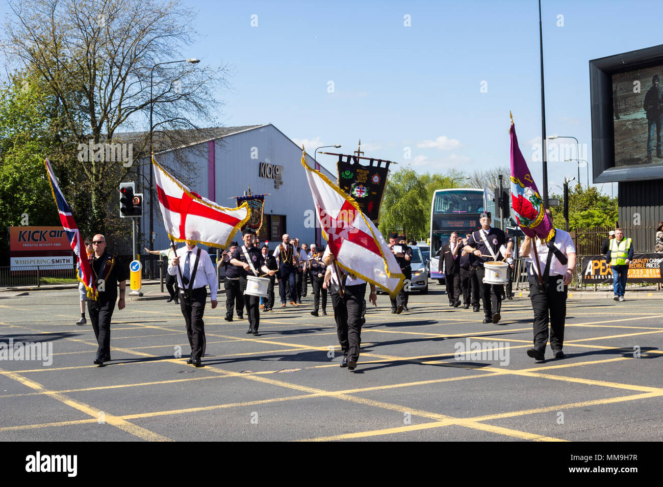 6th May 2018, Manchester UK. Musicians of the of the British Ulster Alliance Flute band taking part in the Apprentice Boys of Derry parade. Stock Photo