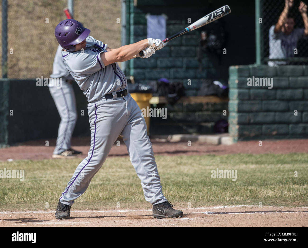 Baseball action with Shasta vs. Red Bluff High School in Red Bluff, California. Stock Photo