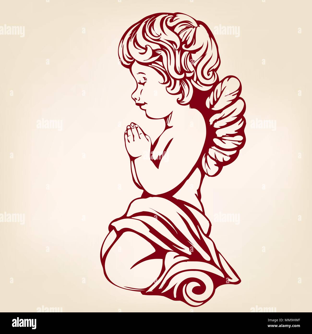 angel prays on his knees hand drawn vector illustration realistic sketch Stock Vector