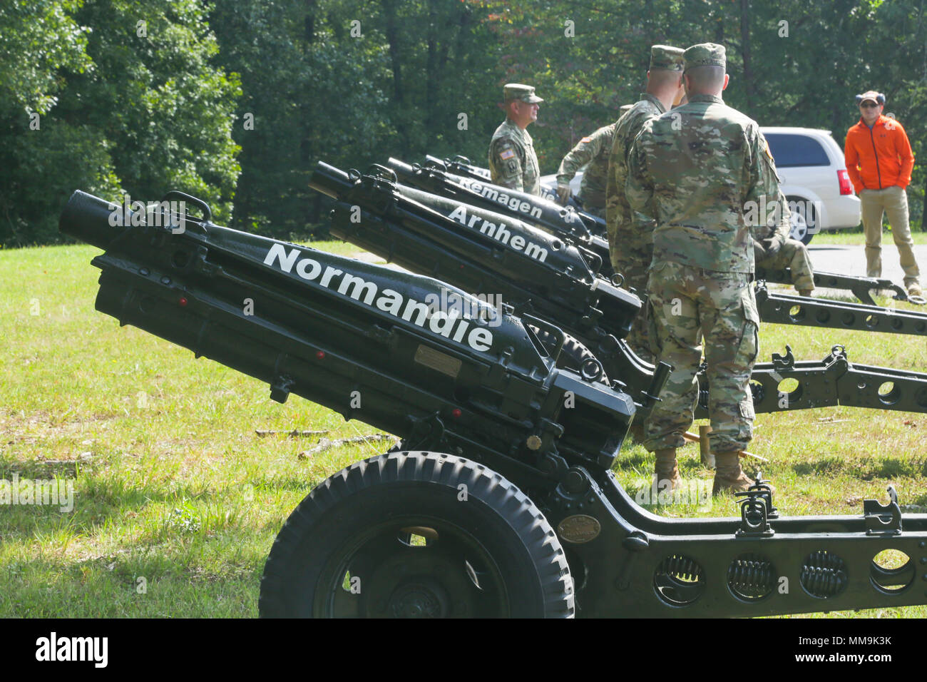 U.S. Soldiers prepare to fire the Ruffle and Flourish salute during the opening ceremony of the Ordnance Explosion Disposal Team of the Year at Fort A.P. Hill, Va., on Sept. 10, 2017. The U.S. Army Ordnance Crucible is a three-part competition, comprised of the Ammunition Transfer Holding Point (ATHP) Team of the Year (ToY), Combat Repair Team (CRT) ToY, and Explosive Ordnance Disposal (EOD) ToY.   (U.S. photo by Spc. Ashka Phetis) Stock Photo