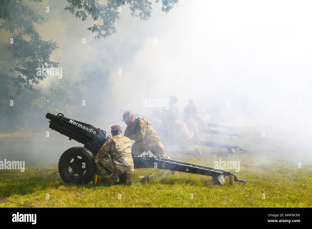 U.S. Soldiers fire the Ruffle and Flourish salute during the opening ceremony of the Ordnance Explosion Disposal Team of the Year at Fort A.P. Hill, Va., on Sept. 10, 2017. The U.S. Army Ordnance Crucible is a three-part competition, comprised of the Ammunition Transfer Holding Point (ATHP) Team of the Year (ToY), Combat Repair Team (CRT) ToY, and Explosive Ordnance Disposal (EOD) ToY.   (U.S. photo by Spc. Ashka Phetis) Stock Photo