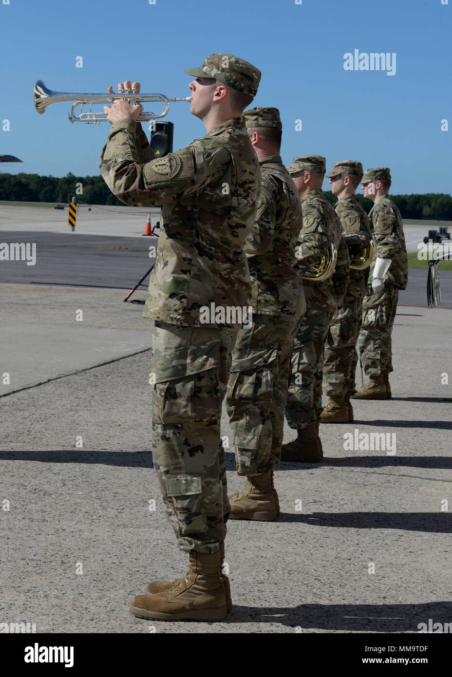 The 39th Army Band performed during the adjutant general change of command ceremony Sept. 23, 2017 at Pease Air National Guard Base, N.H. Brig. Gen. David Mikolaities assumes duties as the Adjutant General, New Hampshire National Guard from Maj. Gen. William Reddel. (New Hampshire National Guard photo by Airman Victoria Nelson) Stock Photo