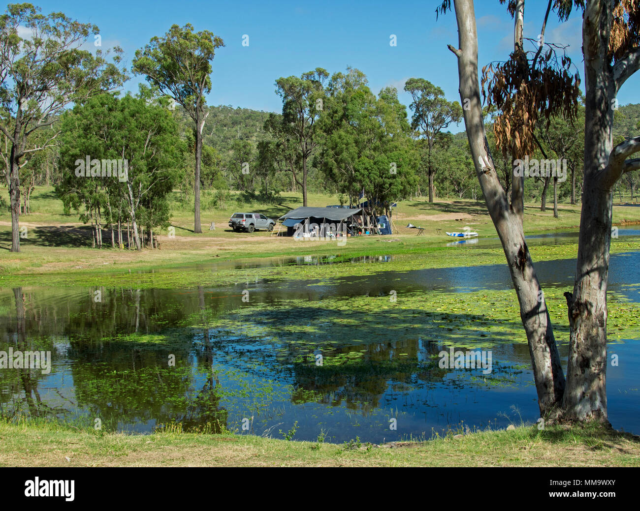 Campers with tent and car in stunning forested landscape that's reflected in calm blue waters of lake under blue sky at Eungalla dam Australia Stock Photo
