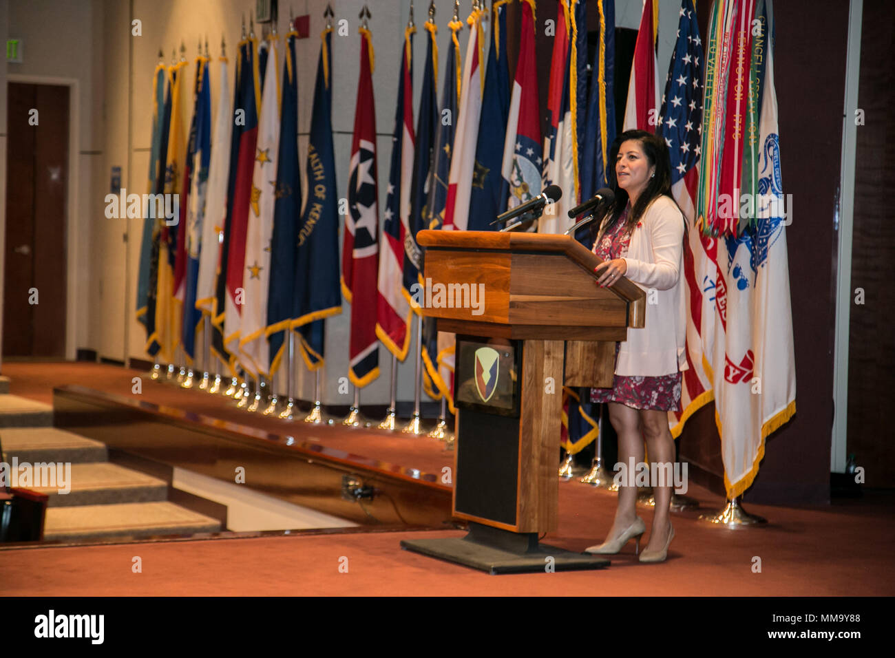 Christine Chavez gives her remarks as the keynote speaker during the Hispanic-American Heritage Month Observance Sept. 25, 2017 at Redstone Arsenal, Alabama.  Chavez is the granddaughter of labor leader and civil rights activist Cesar Chavez.  (U.S. Army photo by Sgt. 1st Class Teddy Wade) Stock Photo