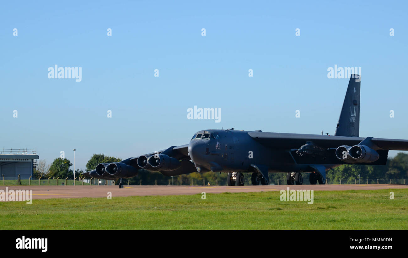 A B-52 Stratofortress taxis for a takeoff at Fairford Royal Air Force Base, Sept. 22, 2017. U.S. Strategic Command bomber forces regularly conduct combined theater security cooperation engagements with allies and partners, demonstrating the U.S. capability to command, control and conduct bomber missions across the globe. Bomber missions demonstrate the credibility and flexibility of the military's forces to address today's complex, dynamic and volatile global security environment. (U.S. Air Force photo/Staff Sgt. Benjamin Raughton) Stock Photo