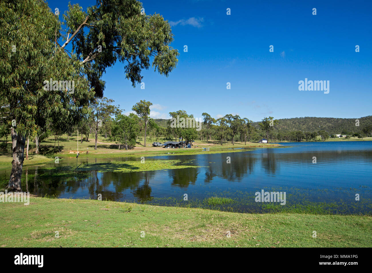Colourful landscape with calm blue water of Eungalla dam hemmed by emerald grass & shading trees under blue sky with campers on distant bank Qld Aust Stock Photo