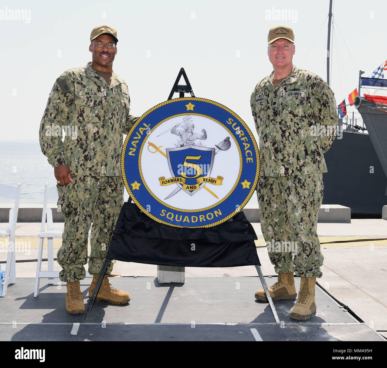 171001 N Xp44 0172 Manama Bahrain Oct 1 2017 Rear Adm Jesse A Wilson Jr Commander Naval Surface Force Atlantic Left And Cmdr Kendall Bridgewater Commodore Of Commander Naval Surface Squadron Cnss 5 Pose Following