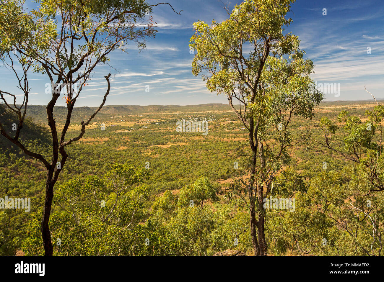 View of vast outback landscape of ranges and plains under blue sky from lookout at Minerva Hills National Park, near Springsure Queensland Australia Stock Photo