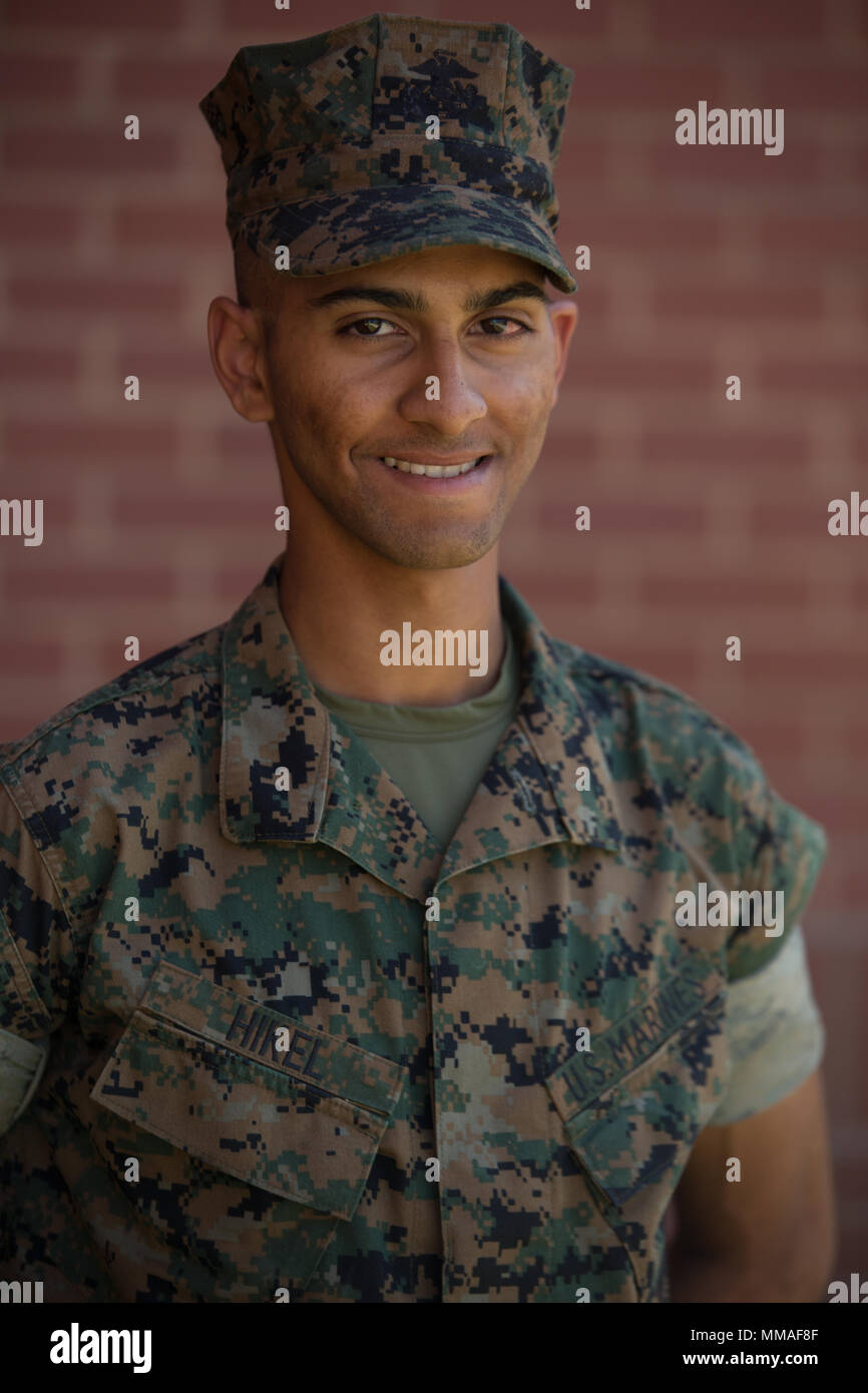 Pvt. Ryan Hikel, Platoon 2078, Golf Company, 2nd Recruit Training Battalion, earned U.S. citizenship Oct. 5, 2017, on Parris Island, S.C. Before earning citizenship, applicants must demonstrate knowledge of the English language and American government, show good moral character and take the Oath of Allegiance to the U.S. Constitution. Hikel, from Queens, N.Y., originally from Guyana, is scheduled to graduate Oct. 6, 2017. (Photo by Lance Cpl. Carlin Warren) Stock Photo