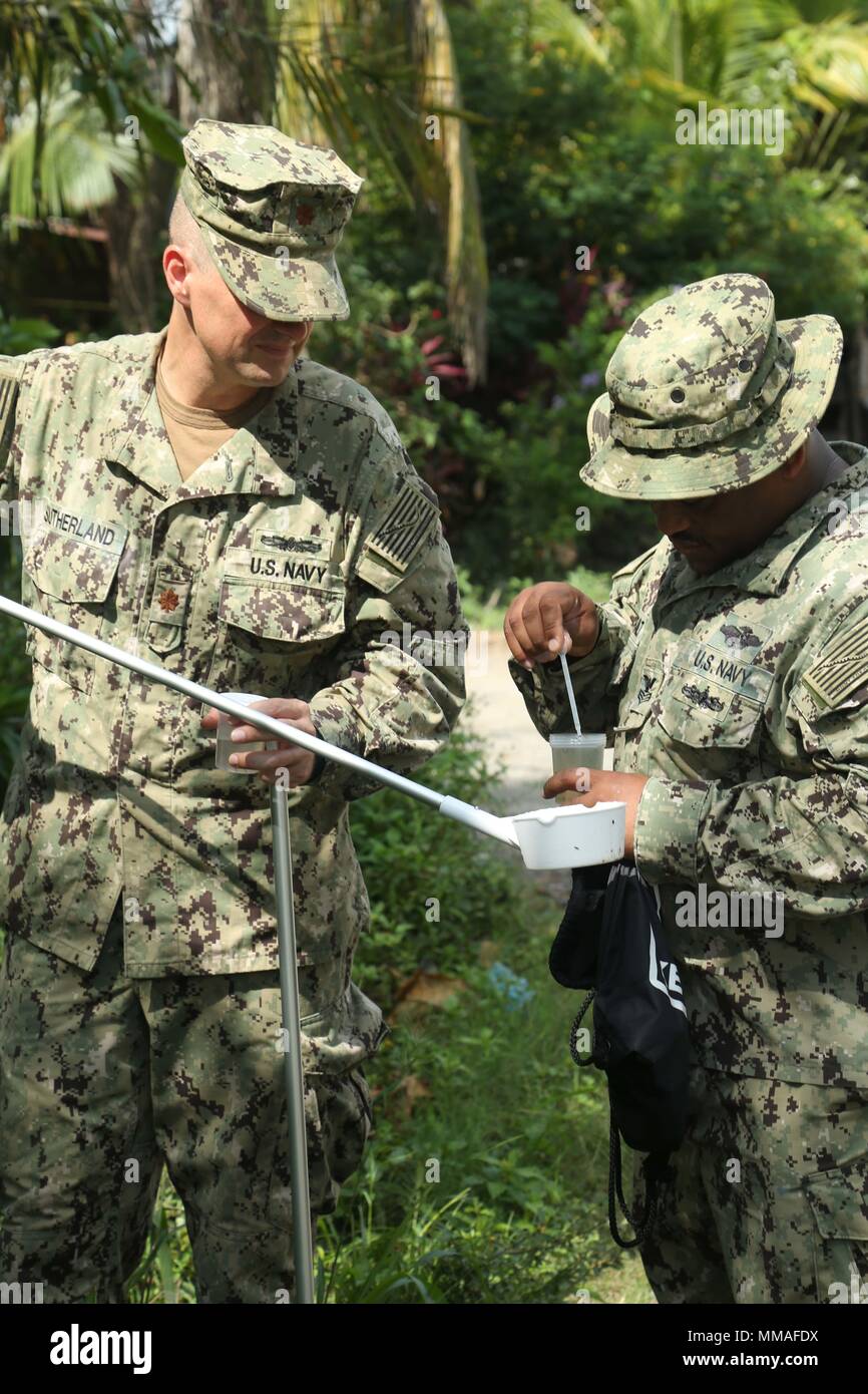 171003-A-NY041-0254 PUERTO BARRIOS, Guatemala (Oct. 3, 2017) U.S. Navy Lt. Cmdr. Ian Sutherland, left, and Hospital Corpsman 1st Class Dominic Ladmirault, both assigned to Navy Entomology Center of Excellence, collect mosquito larvae from local neighborhoods for insect and disease control, during Southern Partnership Station 17 (SPS 17). SPS 17 is a U.S. Navy deployment, executed by U.S. Naval Forces Southern Command/U.S. 4th Fleet, focused on subject matter expert exchanges with partner nation militaries and security forces in Central and South America. (U.S. Army photo by SGT Crystal Madriz/ Stock Photo