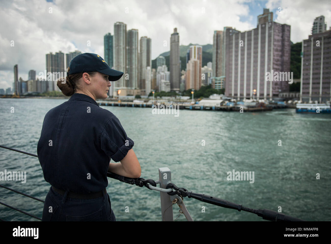 N Tr141 0179 Hong Kong Oct 2 17 Hospital Corpsman 3rd Class Lauren Bishop From Orrington Maine Assigned To The Arleigh Burke Class Guided Missile Destroyer Uss Chafee Ddg 90 Stands On The Ship S Forecastle While