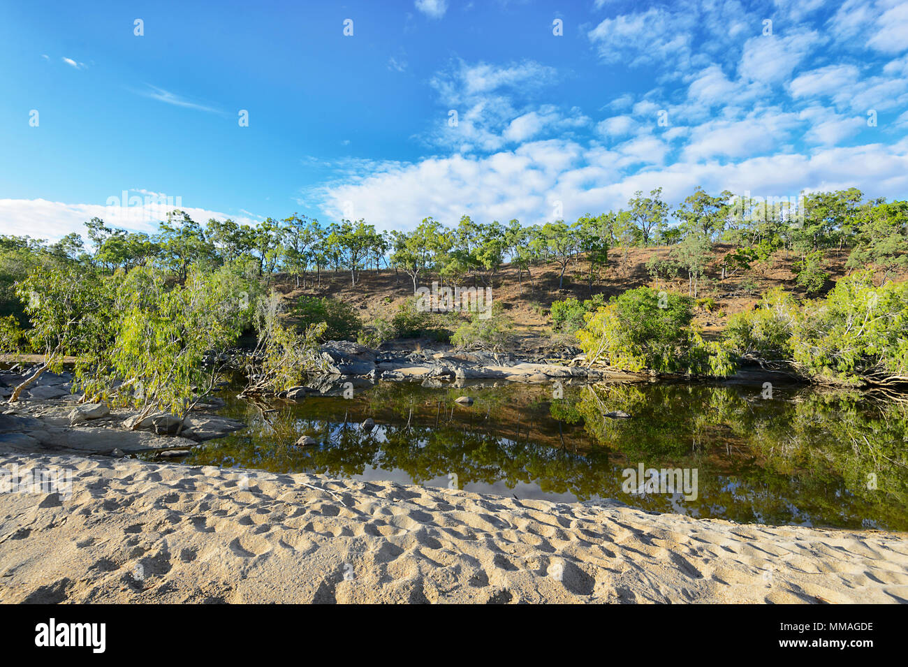 Scenic river with sandy embankments at Palmer River Goldfield, Far