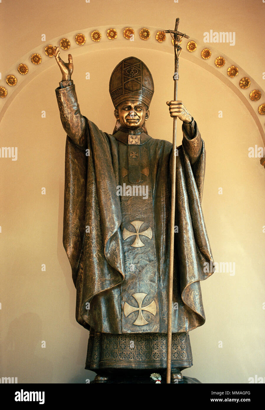 Statue of Pope John Paul II the second at the Roman Catholic Assumption Cathedral in Bang Rak in Bangkok in Thailand in Southeast Asia Far East. Art Stock Photo