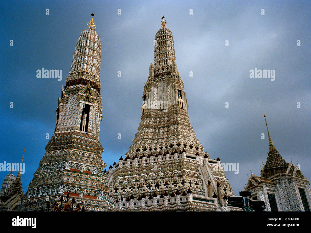 Buddhist Temple of Dawn - Wat Arun Temple in Bangkok Yai Thonburi in Bangkok in Thailand in Southeast Asia Far East. Buddhism Wanderlust Sky Travel Stock Photo