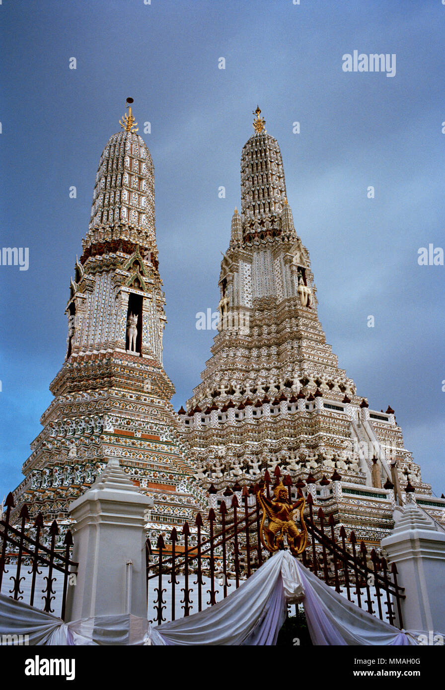 Buddhist Temple of Dawn - Wat Arun Temple in Bangkok Yai Thonburi in Bangkok in Thailand in Southeast Asia Far East. Buddhism Wanderlust Sky Travel Stock Photo