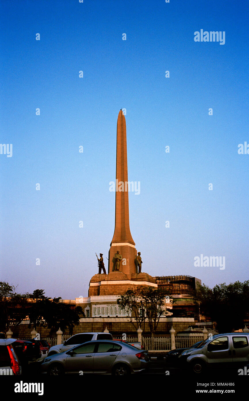 The obelisk Victory Monument in Ratchathewi district in Bangkok in Thailand in Southeast Asia Far East. City History Historical Building Travel Blue Stock Photo