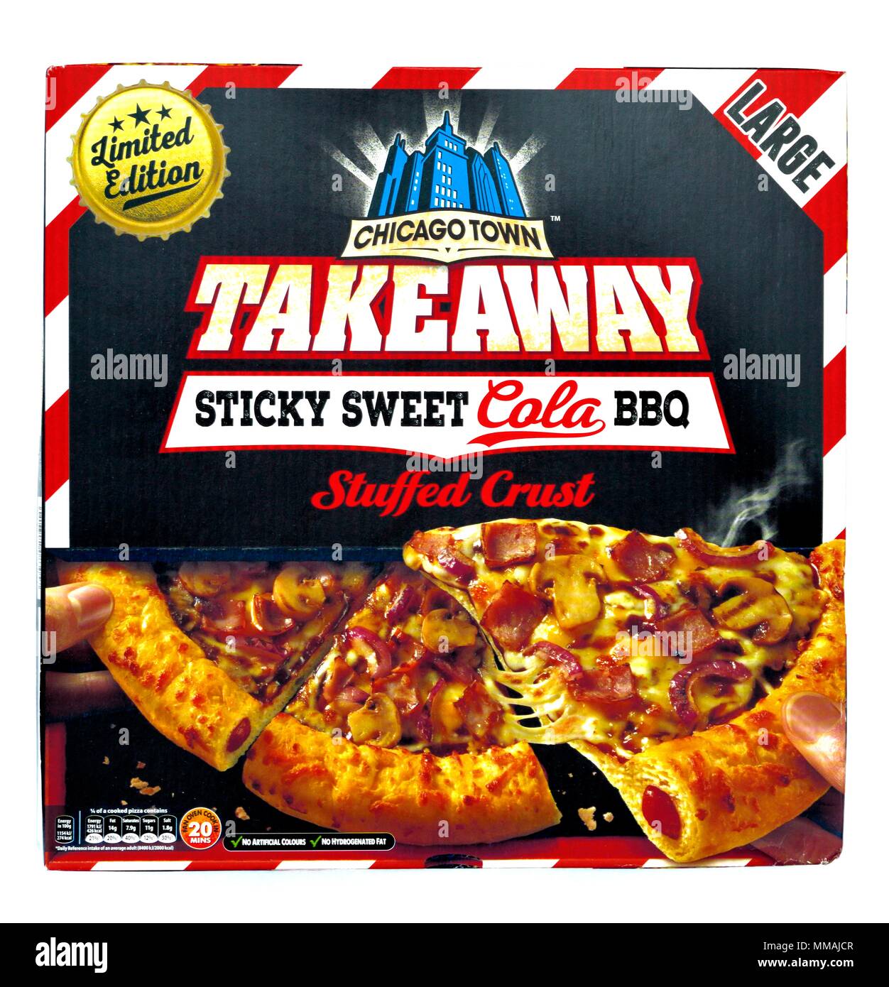 Limited edition Chicago Town takeaway Sticky sweet cola barbecue stuffed crust pizza box Stock Photo