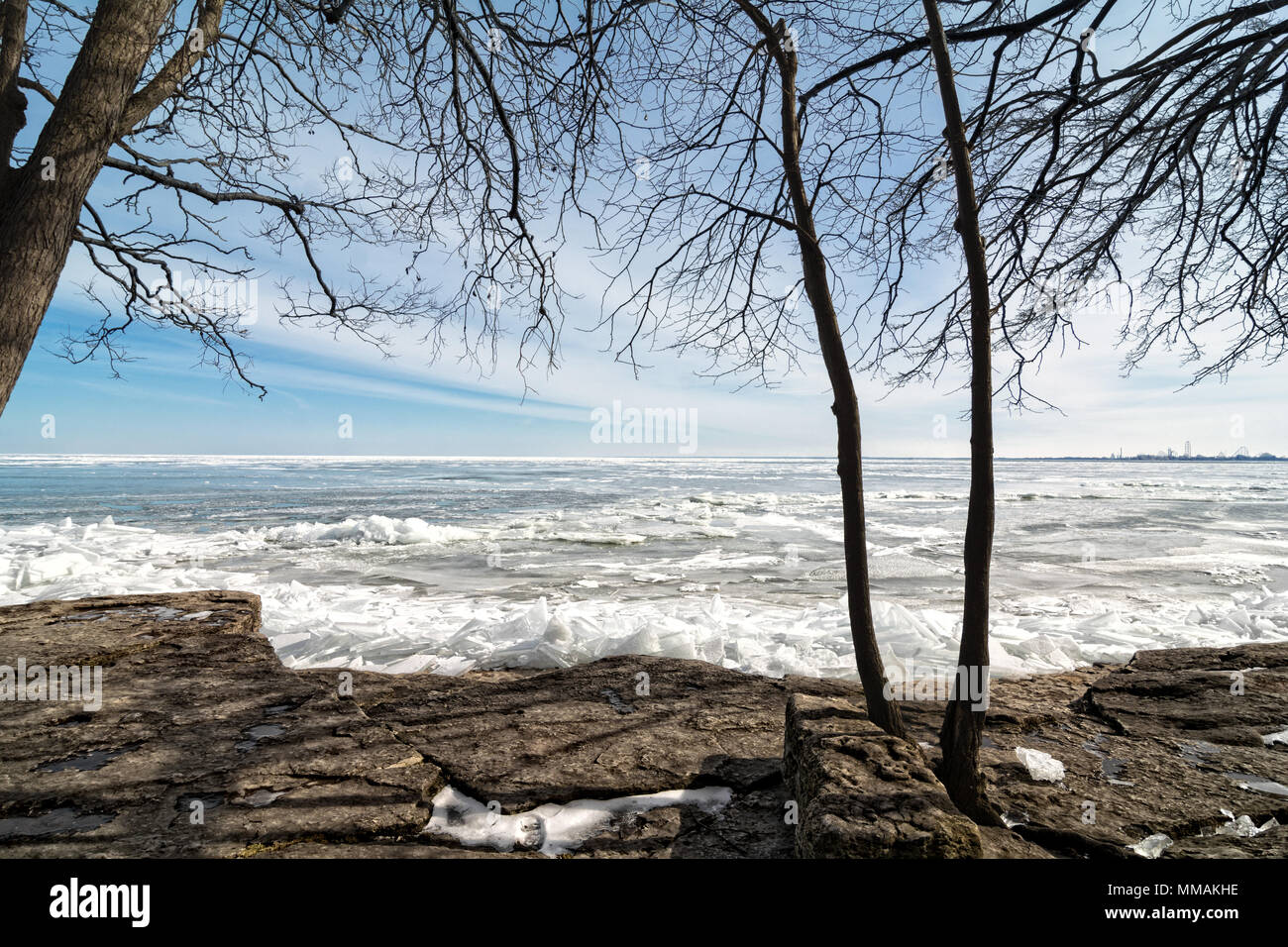 The icy, cold and rocky shore of Lake Erie In Northwest Ohio. Stock Photo