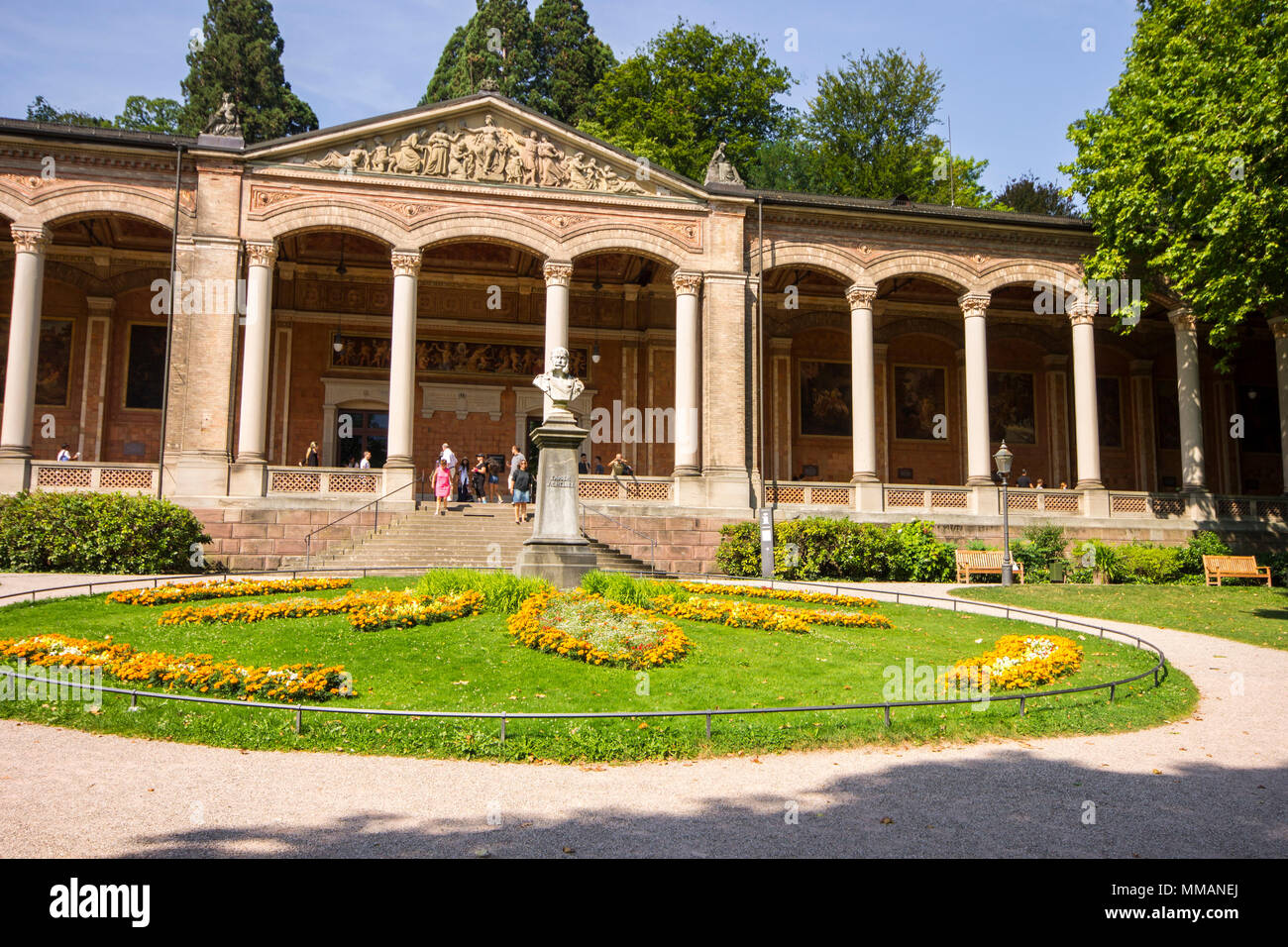 Baden-Baden, Germany. The Trinkhalle (Pump House), a building in the Kurhaus spa complex, with a 90-metre arcade colonnade lined with frescos and benc Stock Photo