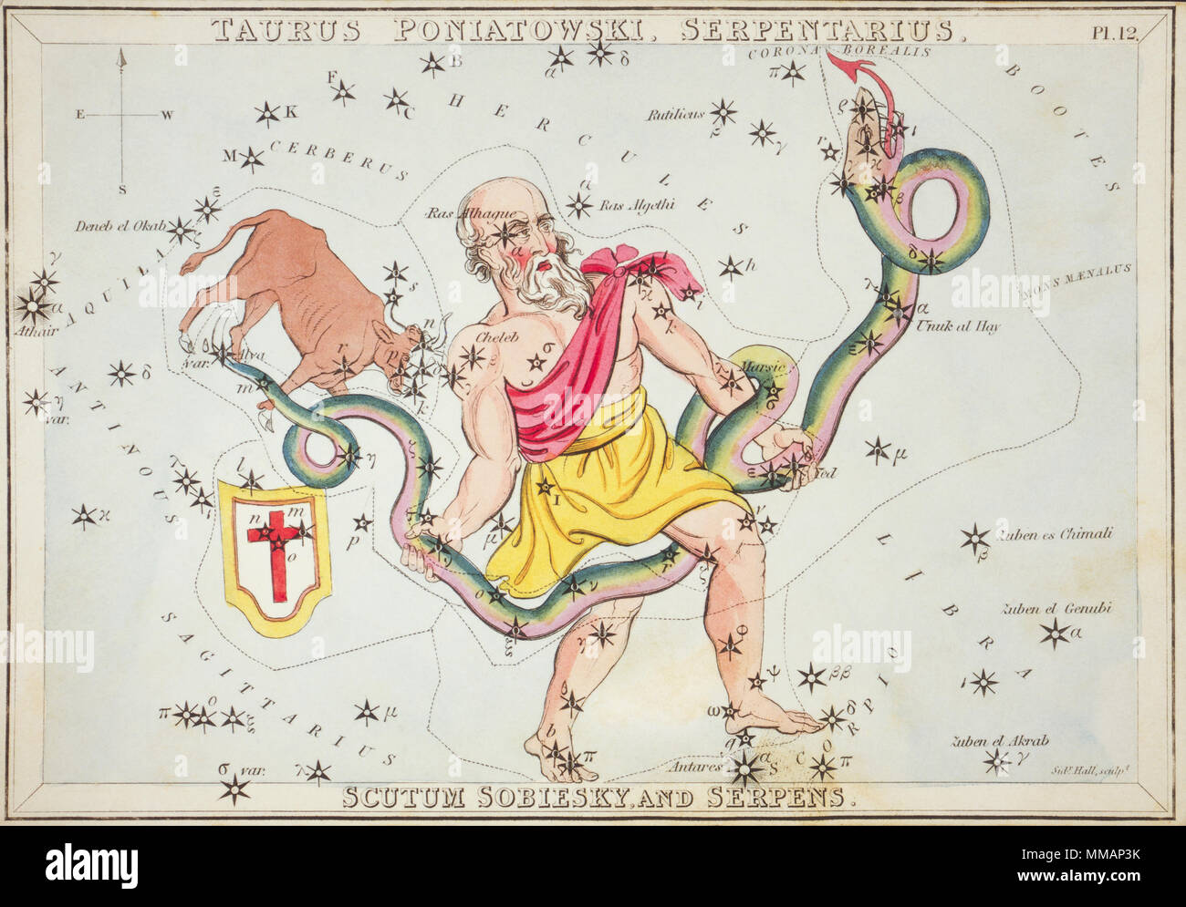 Taurus Poniatowski, Serpentarius, Scutum Sobiesky, and Serpens. Card Number 12 from Urania's Mirror, or A View of the Heavens, one of a set of 32 astronomical star chart cards engraved by Sidney Hall and publshed 1824. Stock Photo