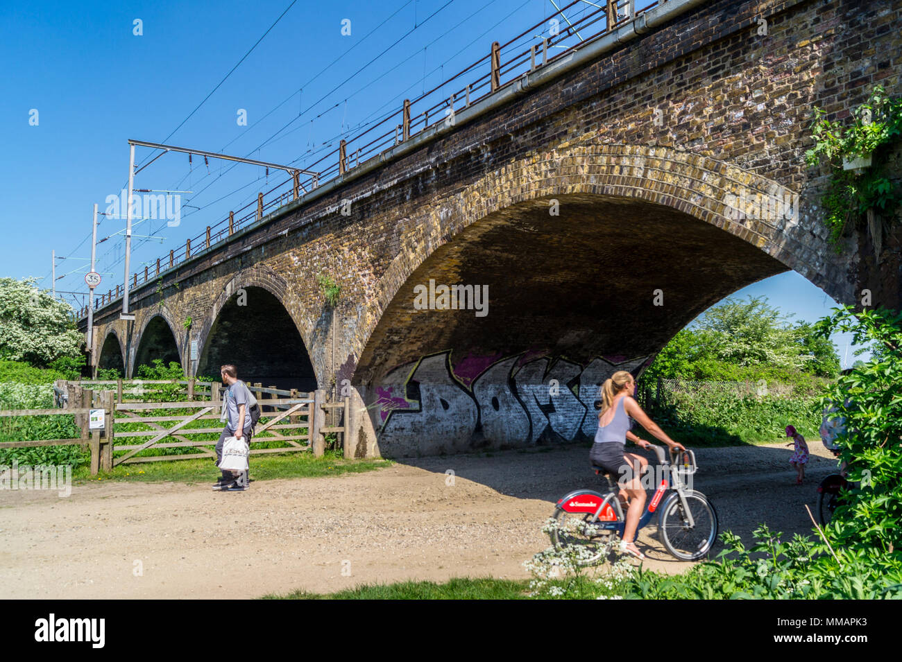 Railway arches used by A.V. Roe to assemble the Roe 1 triplane, first British aeroplane, in 1909, Walthamstow Marshes, London England Stock Photo