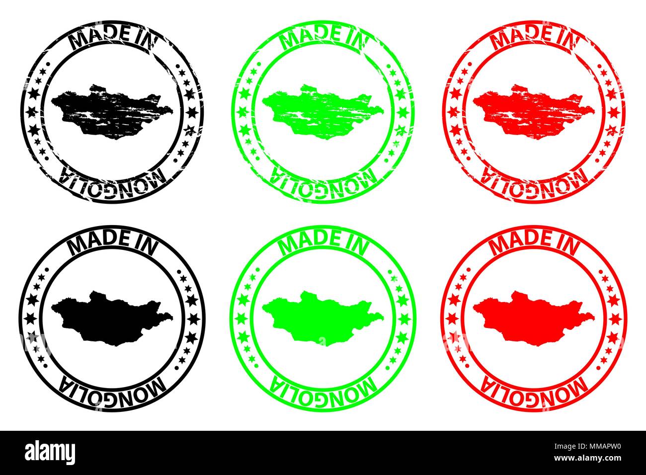Made in Mongolia - rubber stamp - vector, Mongolia map pattern - black, green and red Stock Vector