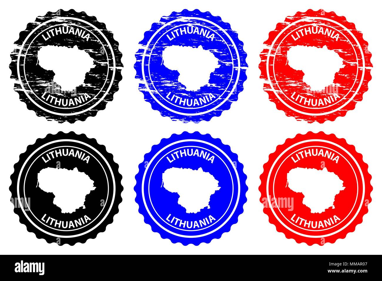Lithuania - rubber stamp - vector, Lithuania map pattern - sticker - black, blue and red Stock Vector