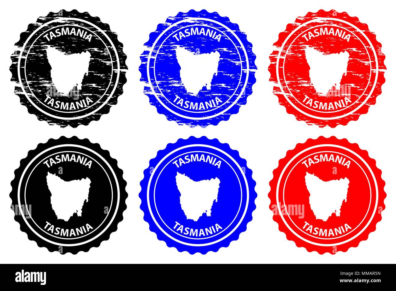 Tasmania - rubber stamp - vector, Tasmania map pattern - sticker - black, blue and red Stock Vector