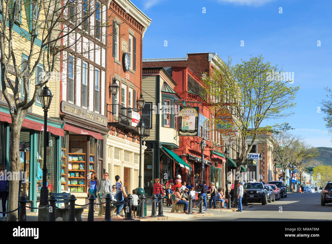 Busy downtown with tourist and shops, Bar Harbor, New Rngland, Maine, USA Stock Photo