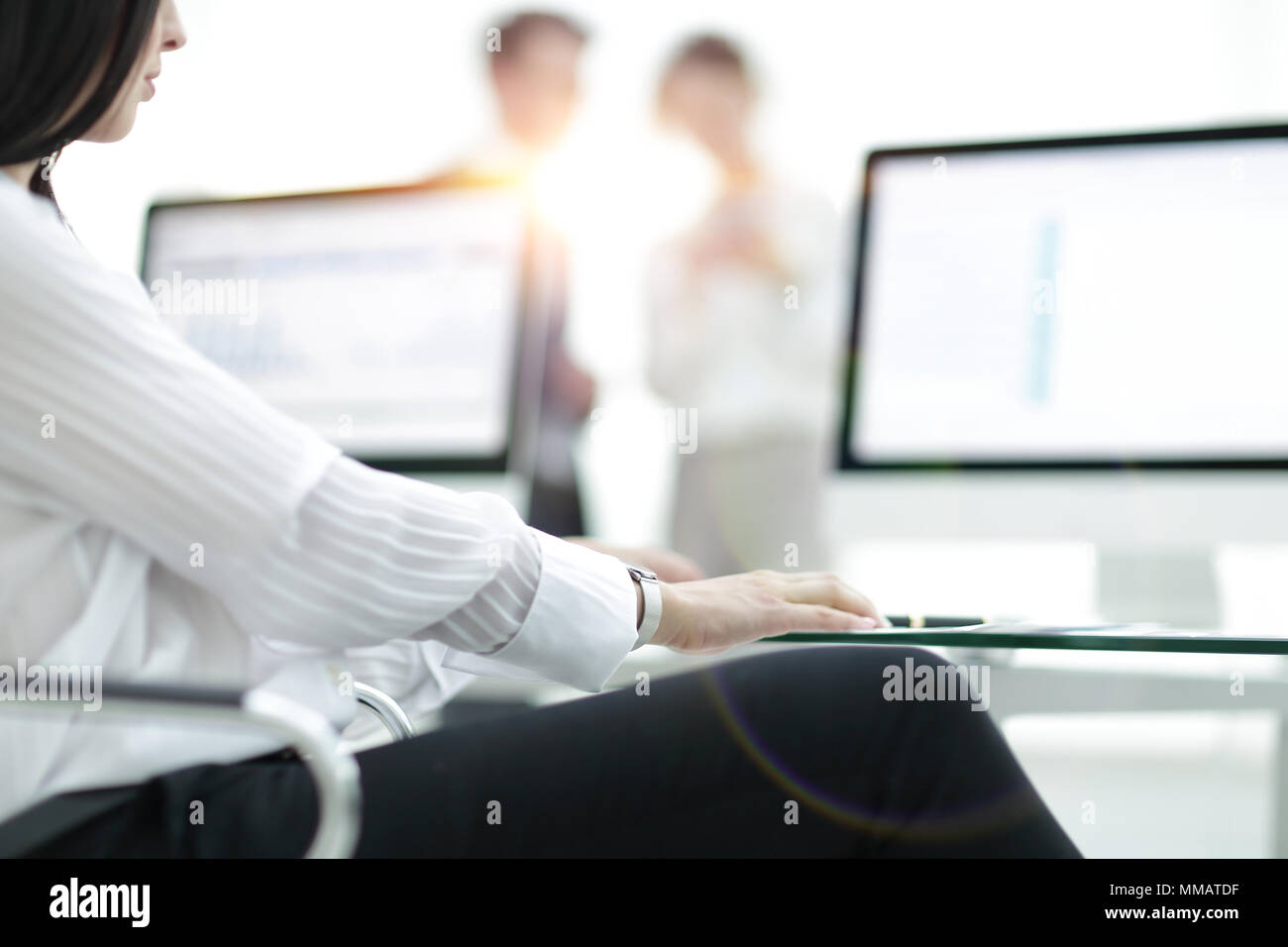 close-up of a work desk in a modern office. business concept Stock ...